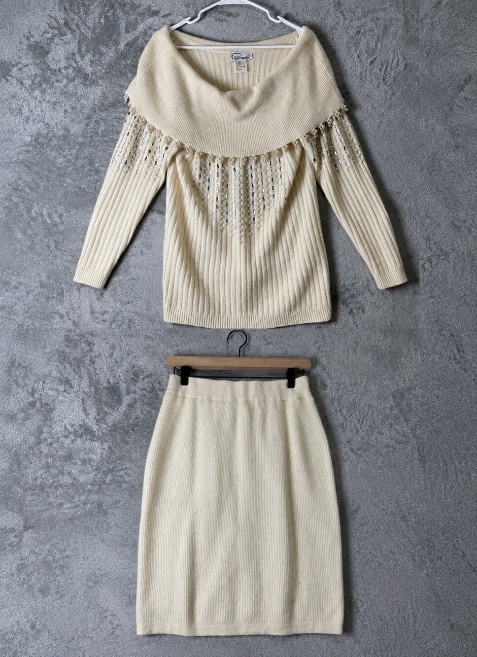 Vintage Ivory Lambswool Angora Beaded Ribbed Knit Sweater Skirt Set Quiet Luxury